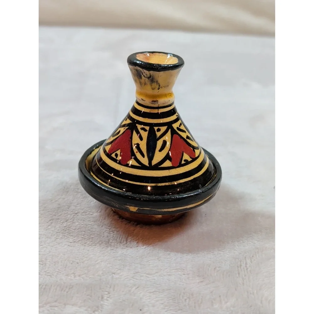 Mini Moroccan Hand Painted Ceramic Tagine Pot Salt Cellar Spice Dish‎ Yellow Red